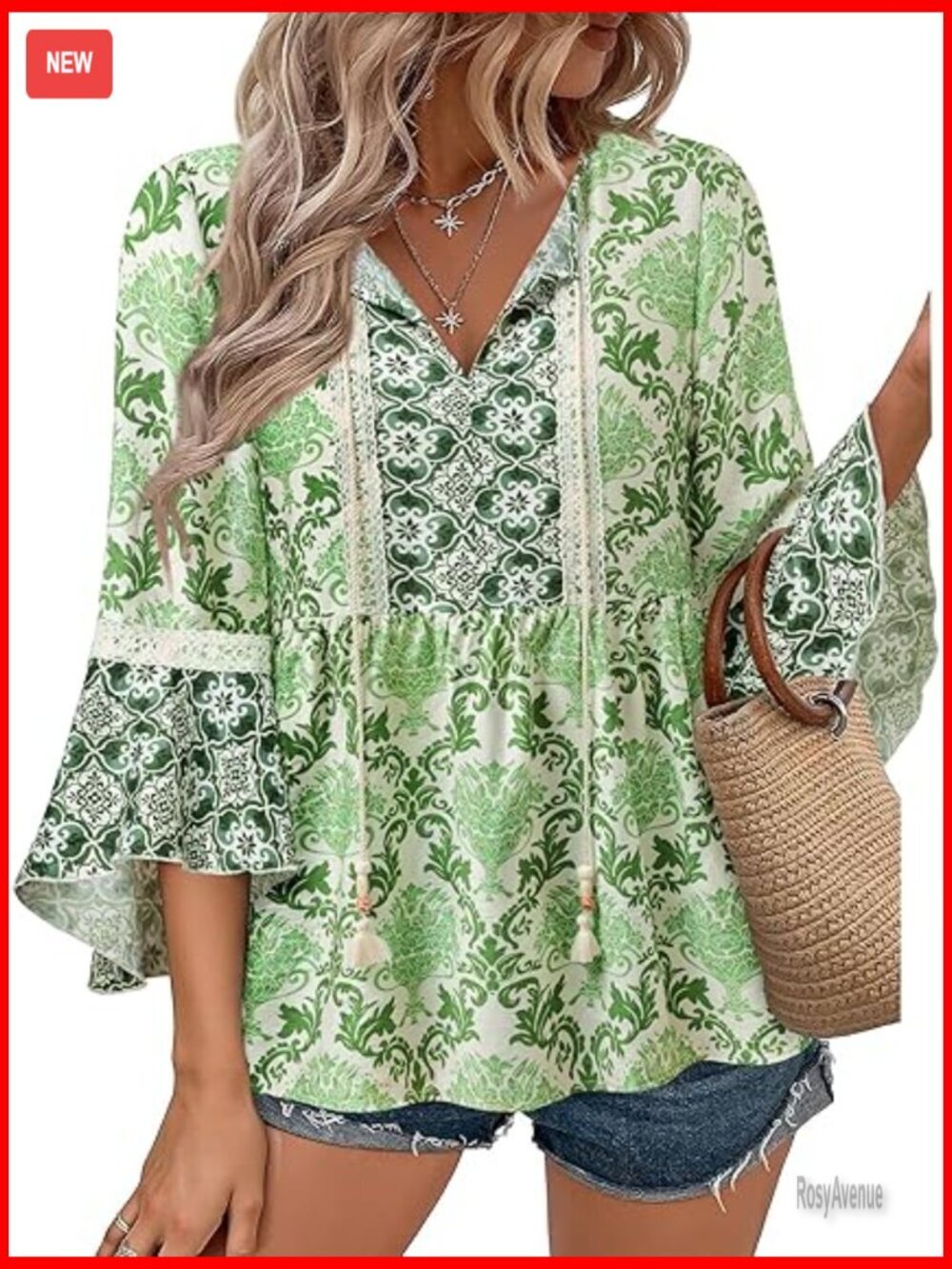 Boho Embroidered Lace V Neck 3/4 Sleeve Peasant Tunic Blouse Dressy Casual